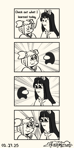 A vertical 4-panel comic of Popuko and Pipimi (Pop Team Epic) sharing a new skill.